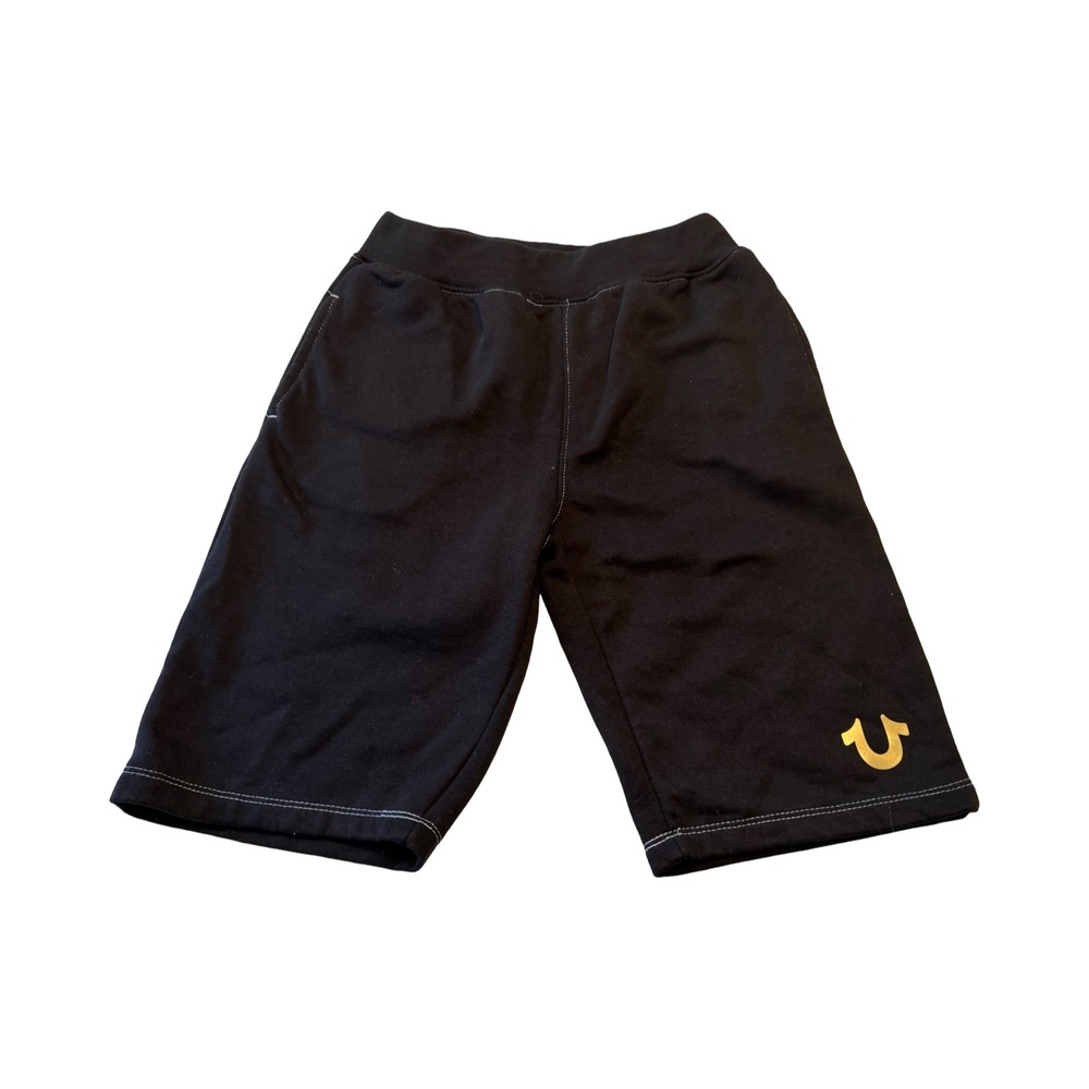 True Religion Boys Black Sweat Shorts Gold Horseshoe Logo Size L 14/16 Contrast